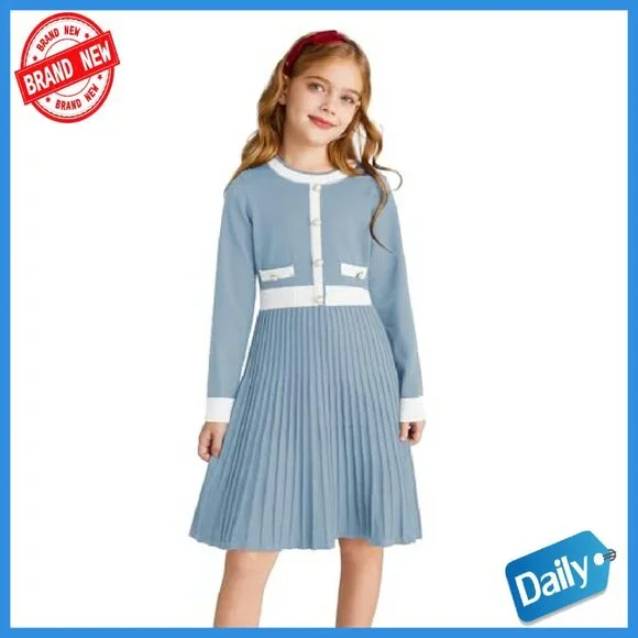 Girls Long Sleeve Knit Sweater Dress A-Line Fall Winter Casual - Picture 3 of 8